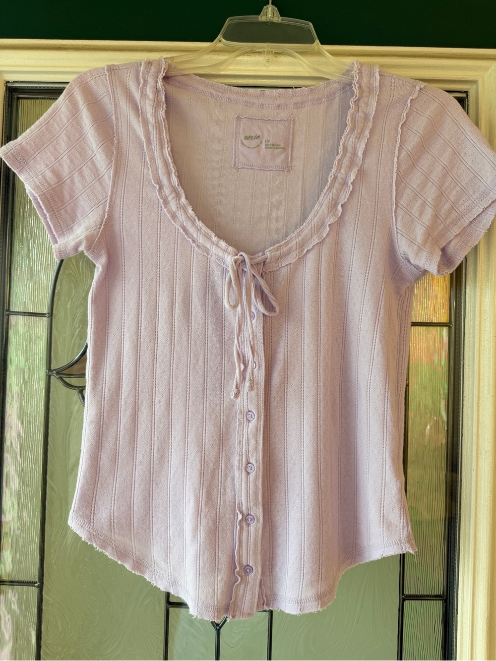 aerie Lilac Ruffled Scoop Neck Button-Front Top